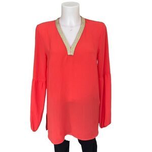 MICHAEL KORS V NECK ORANGE‎ /GOLD CREPE LONGSLEEVE TUNIC TOP SZE small
